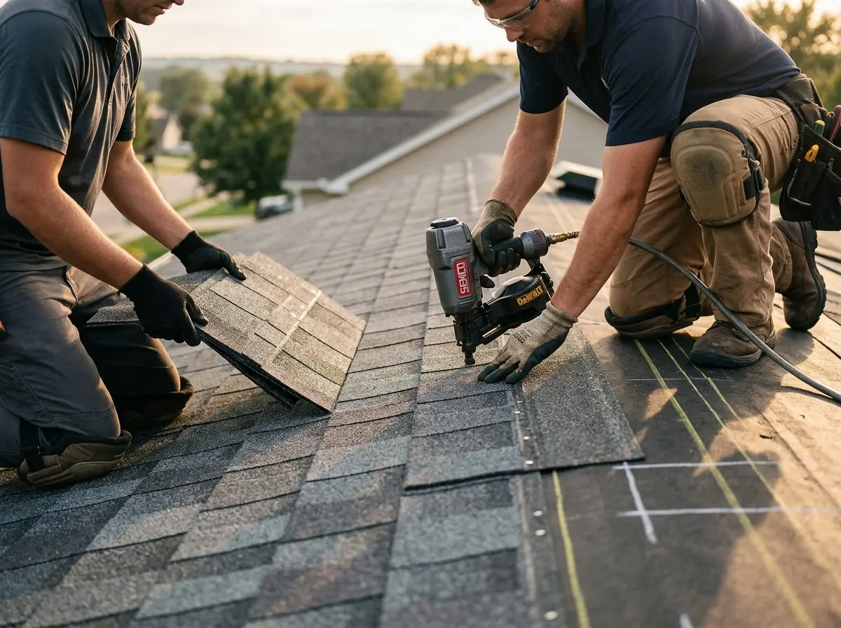 Professional roofer working on a residential roof in Holladay